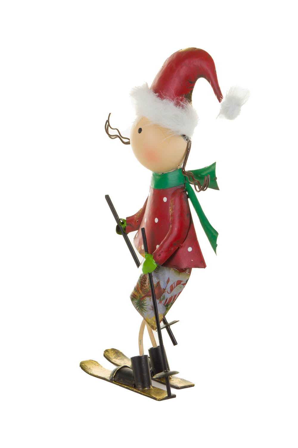 14" Red and Green Metal Skiing Table Piece For Her