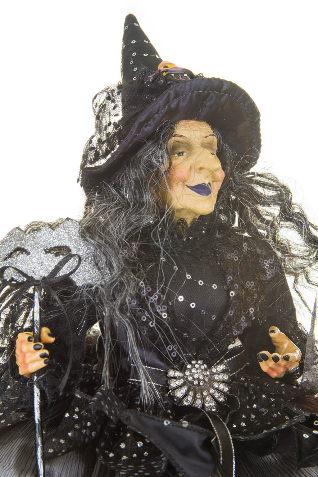 20" Sitting Black and Grayish Silver Cloth Smiling Witch Figure with Masquerade Mask