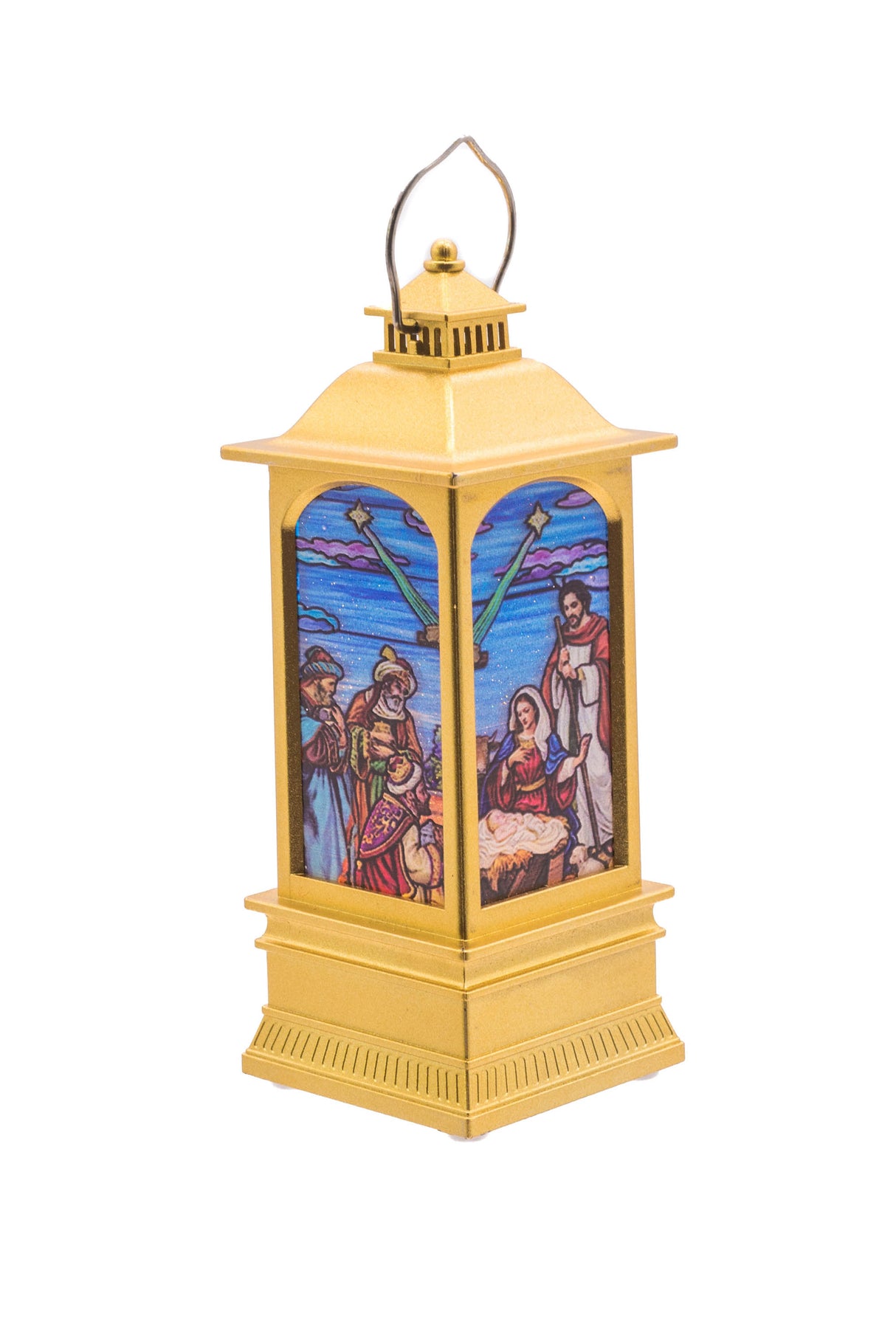 5.25" Small Gold Plastic Christmas Lantern LED Decoration with Nativity
