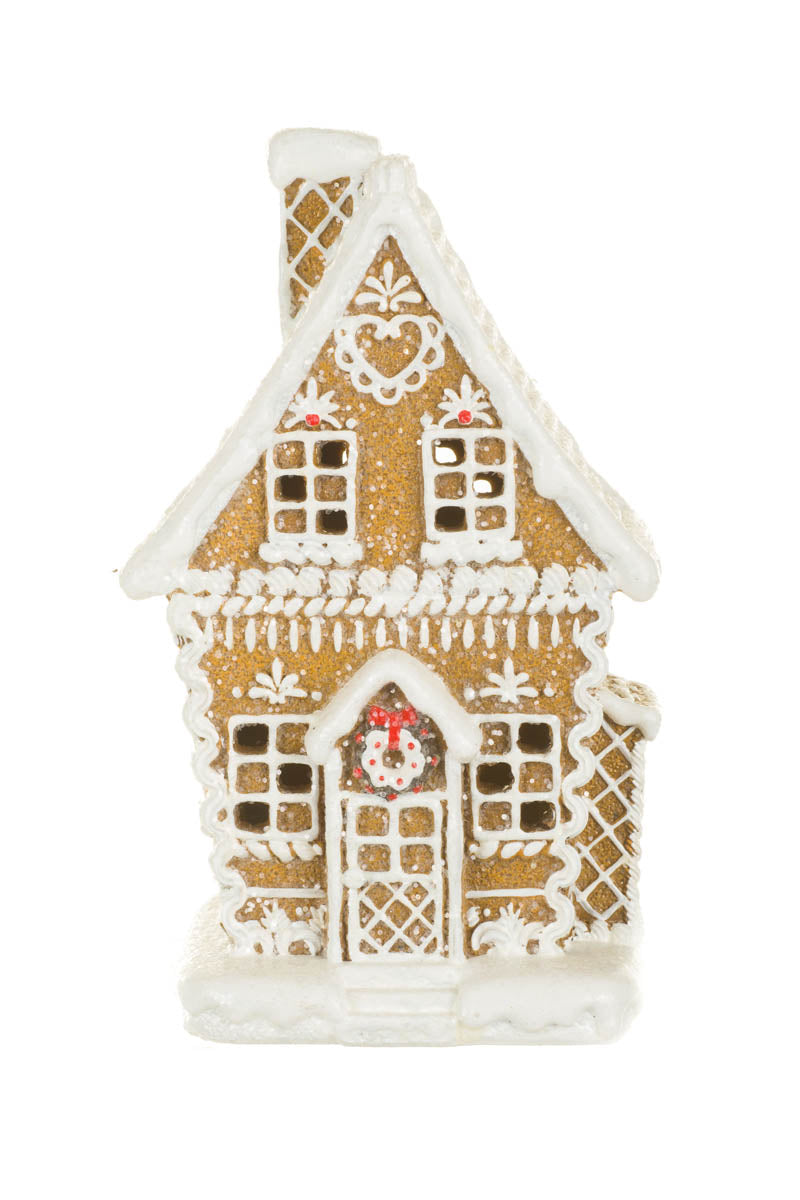 8"White and Red Resin Two-Story Gingerbread House Warm White LED Display