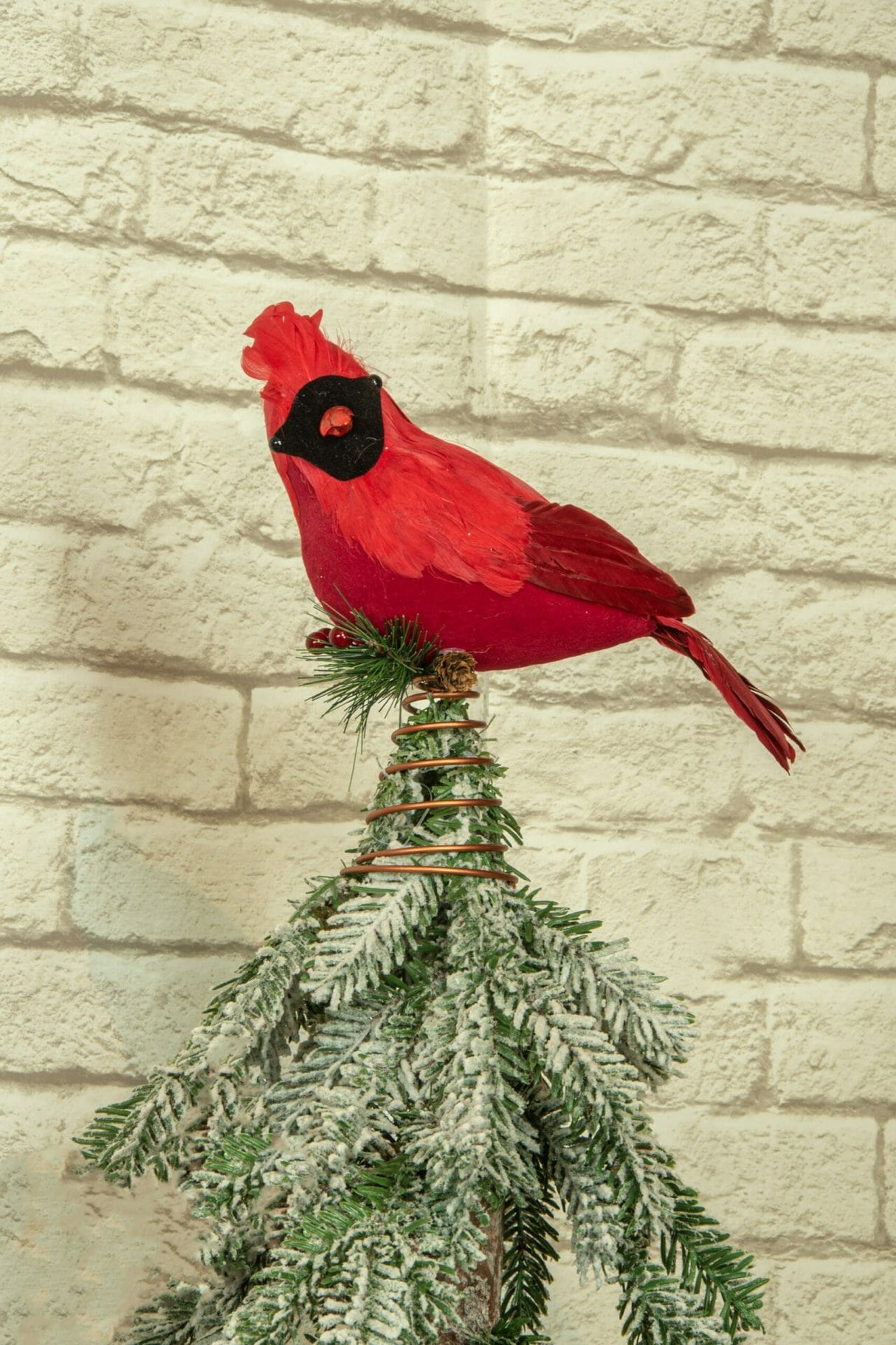 11" Red Feathered Cardinal Tree Topper with Holly