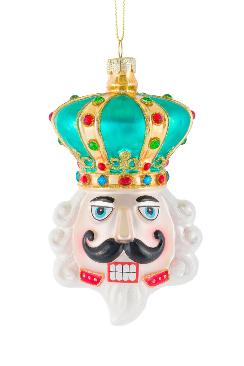 5"Hanging Teal and White Glass Nutcracker Head Ornament with Crown