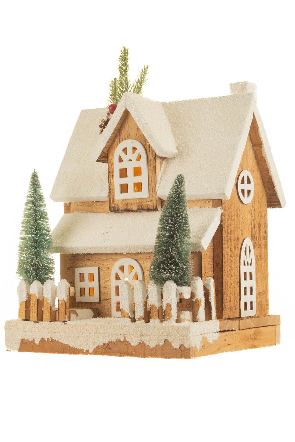 12" White and Light Brown Wood Snowy Cabin Warm White LED Display