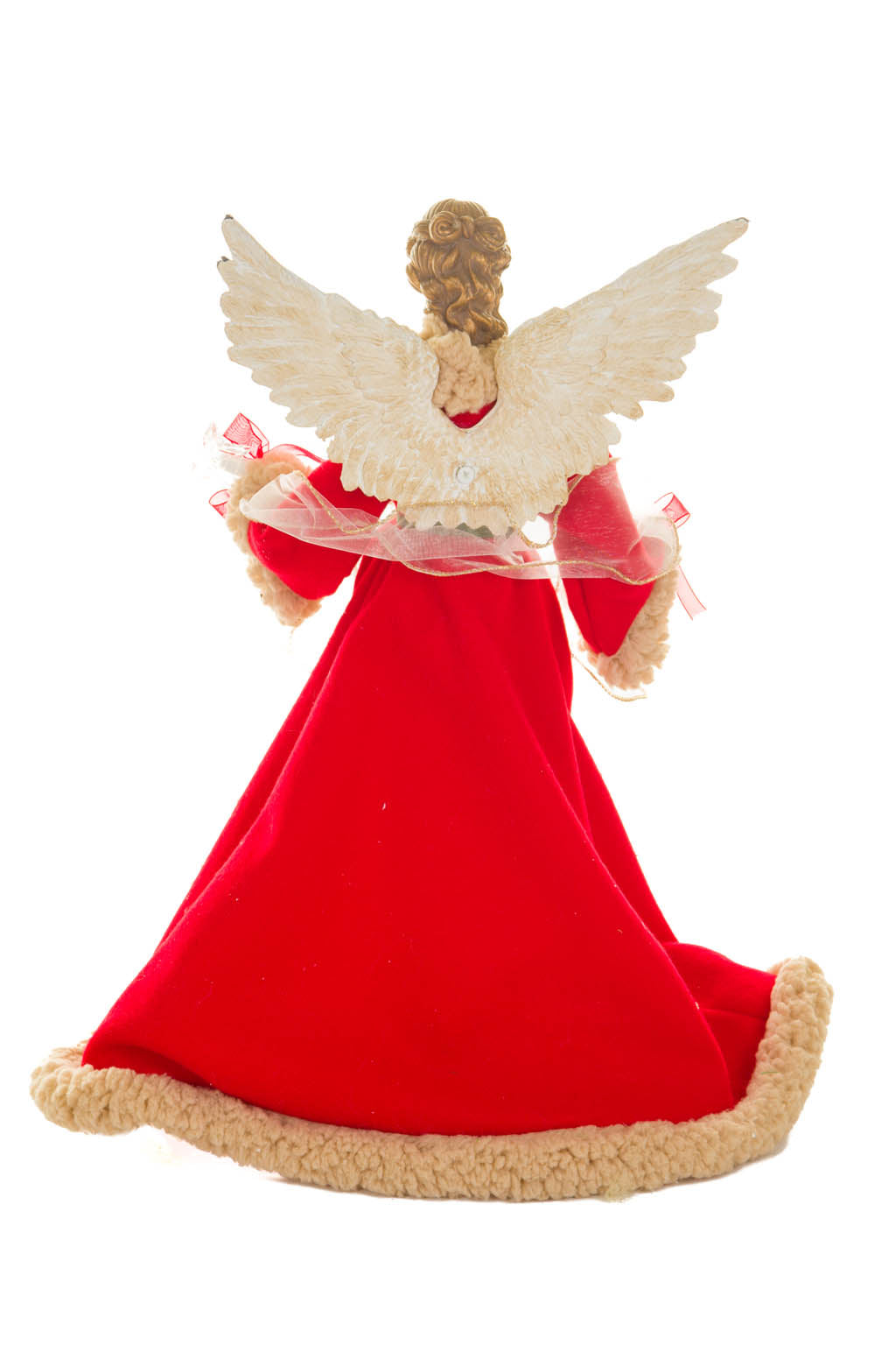 17" Large Red and Beige Cotton Chic Warm White LED Angel Tree Topper with Glowing Stars