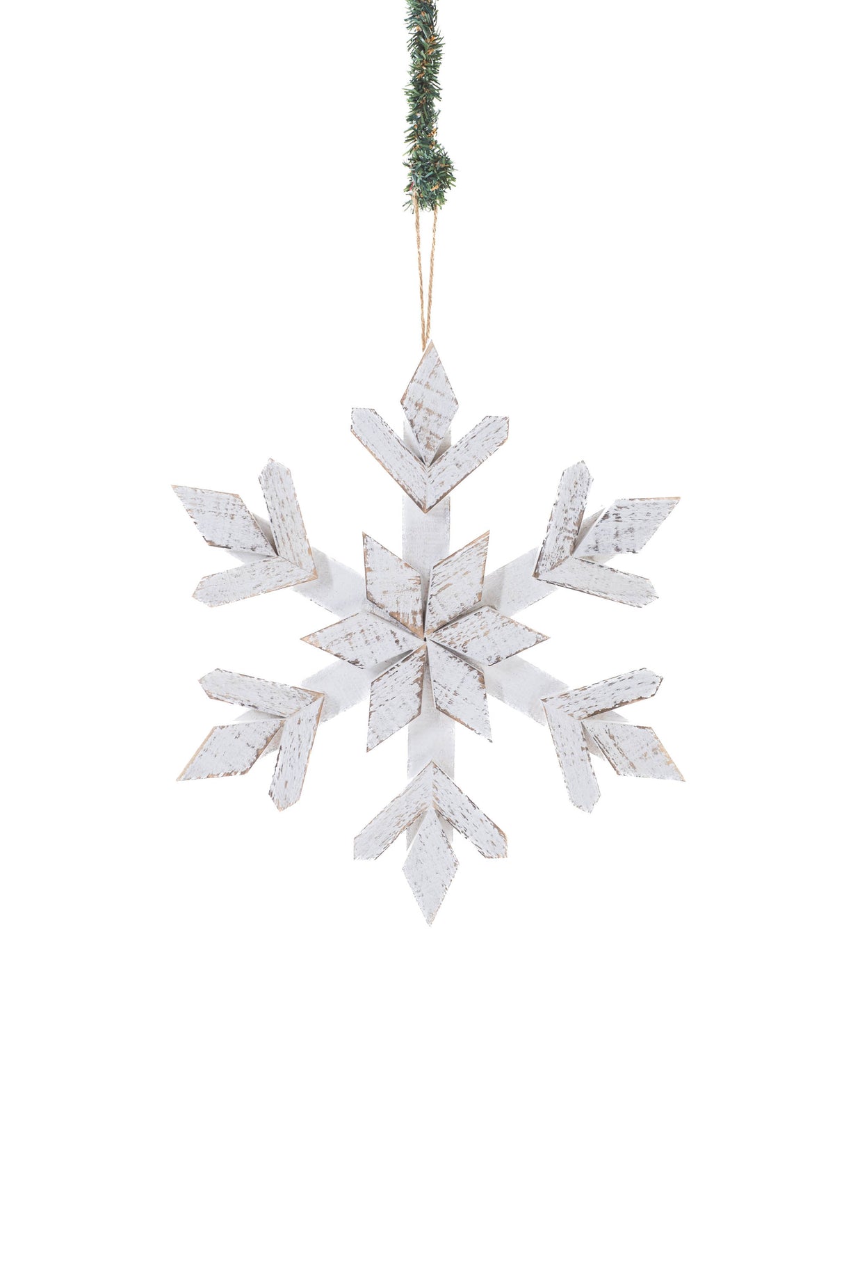 14.75" Hanging White Wood Washed Snowflake Decoration