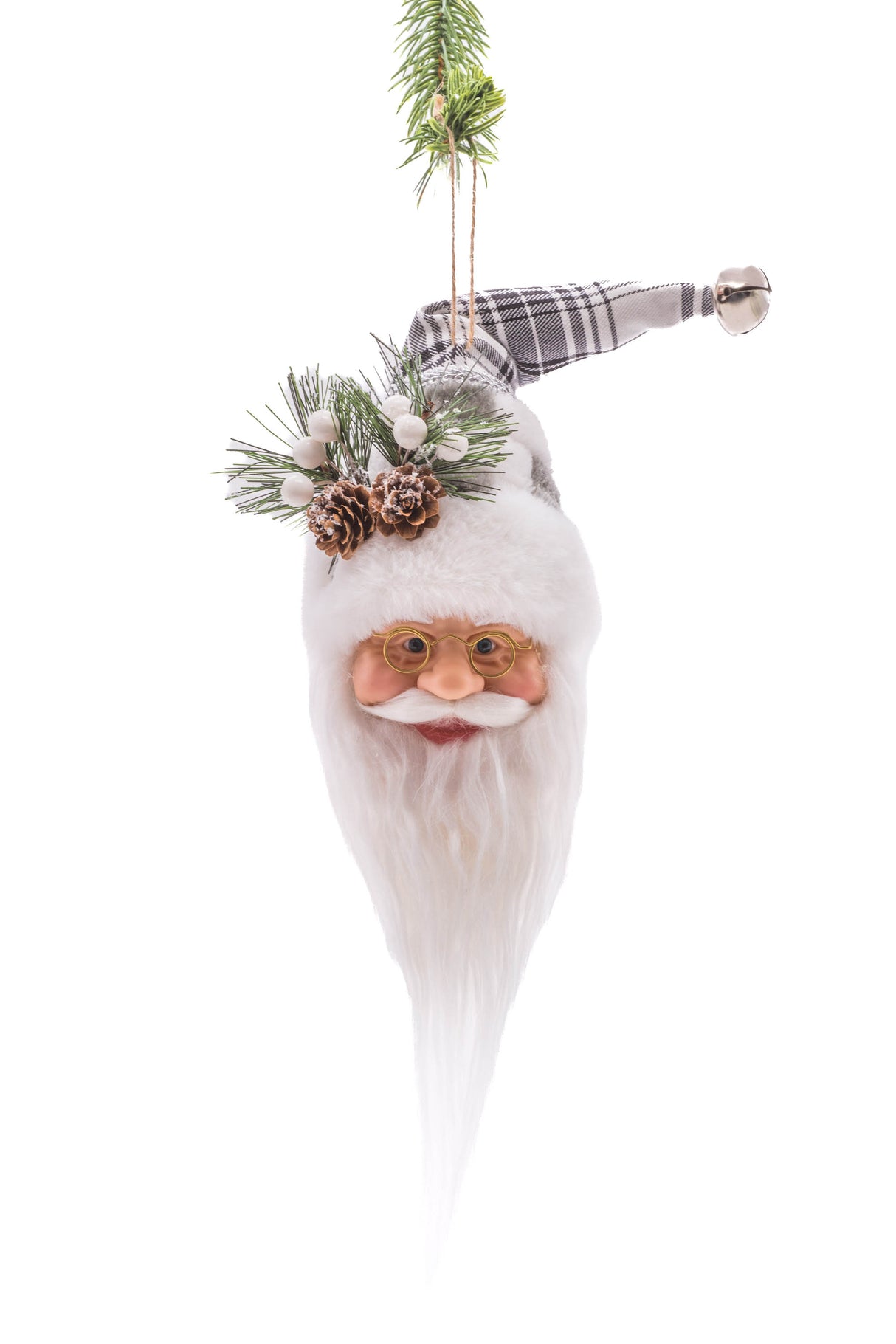 9" Hanging Platinum and Silver Cloth Santa Head Ornament