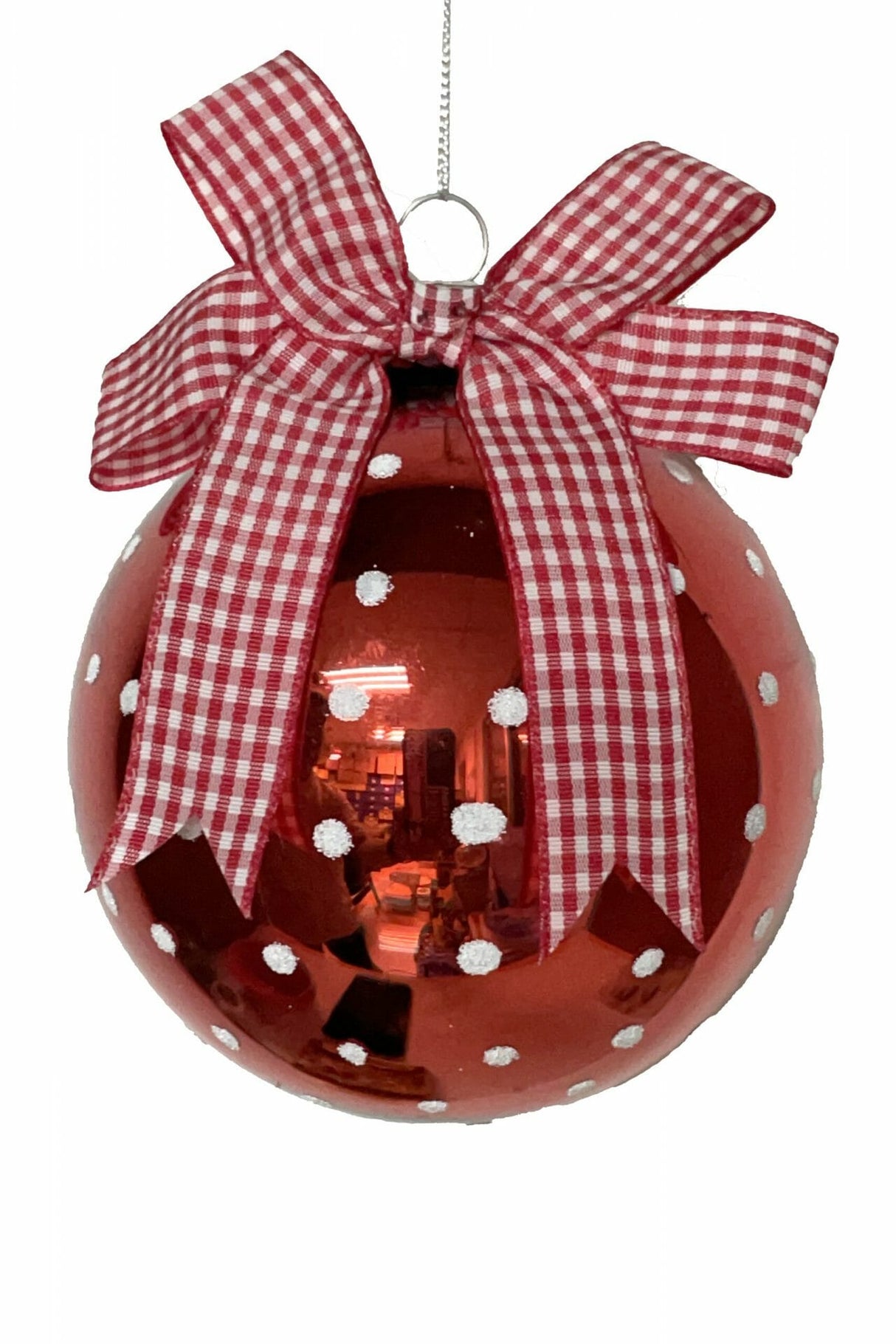 4" Hanging Red and White Glass Spotted Glass Ball Ornament with Ribbon