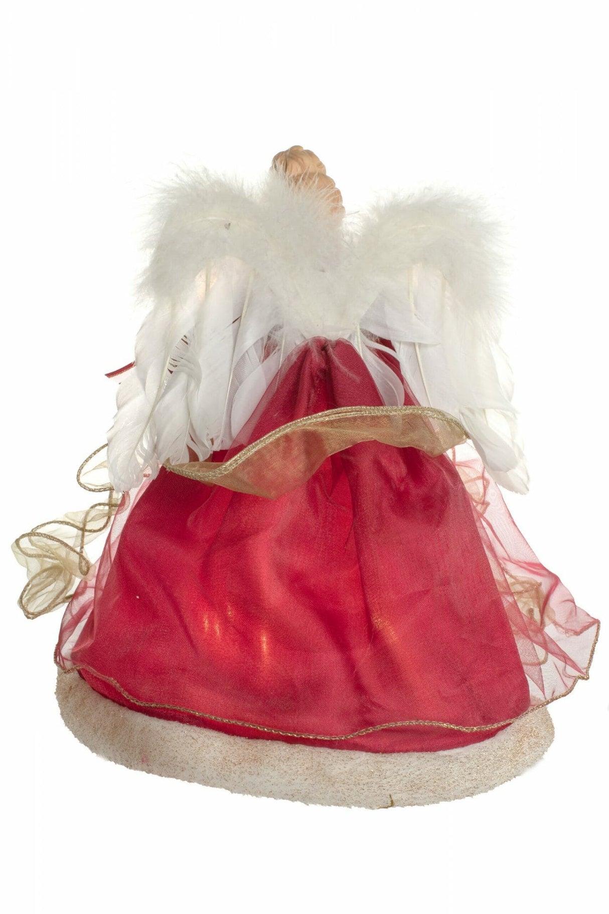 12" Red and Gold Cloth Vintage 10-Light Angel Tree Topper with White Fluffy Wings