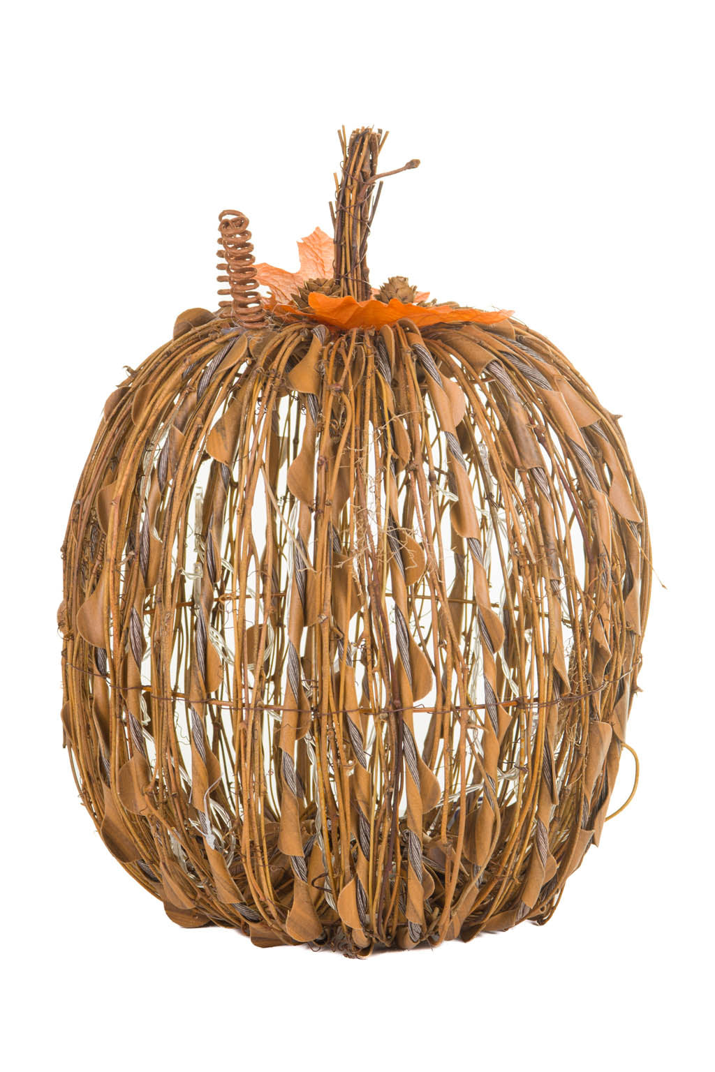 14" Sitting Ochre Wood Stick Pumpkin Warm White LED Display
