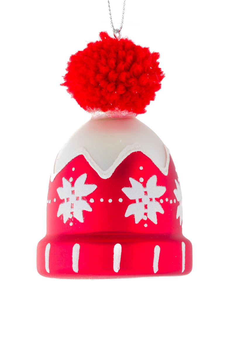 3.5" Hanging Red and White Glass Toque Ornament with Pompom