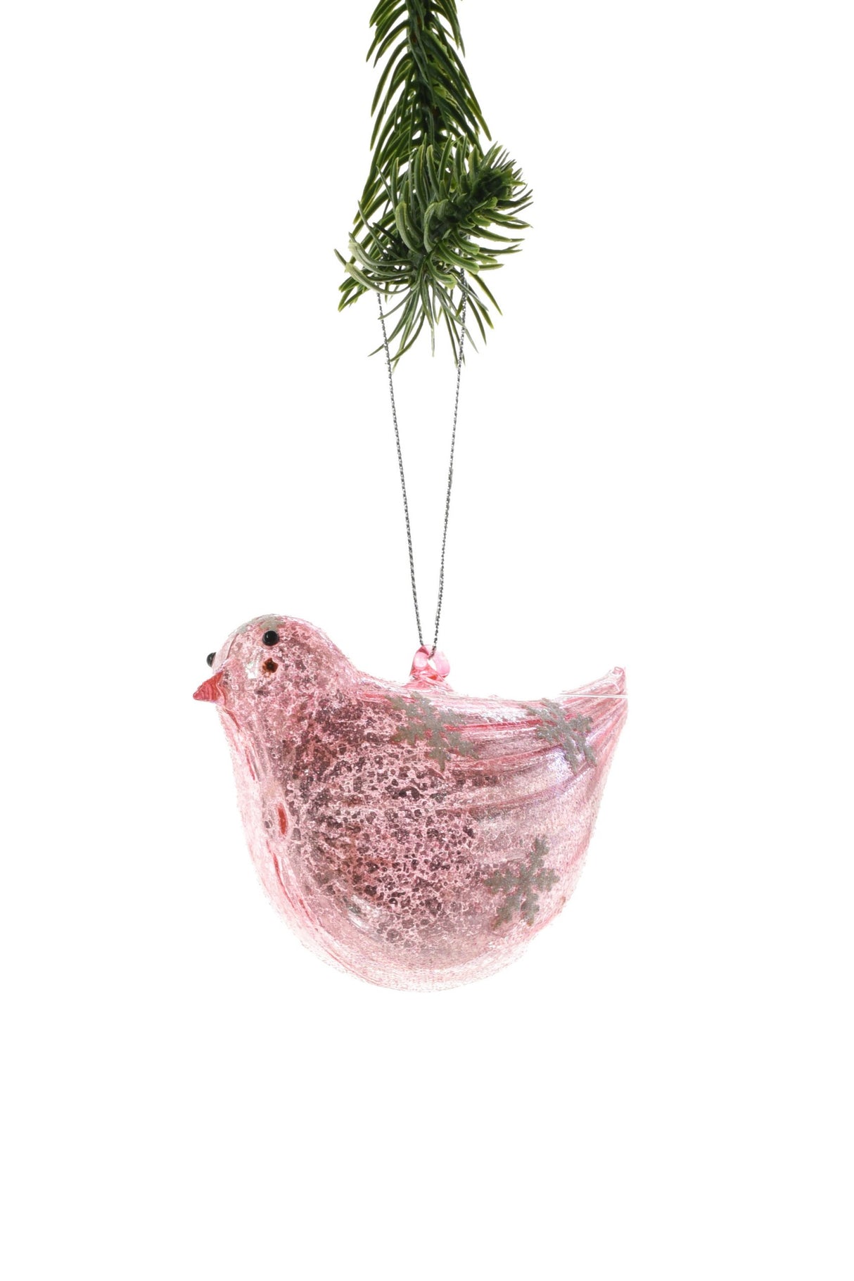 4" Hanging Pink Glass Bird Ornament with Snowflakes Pattern