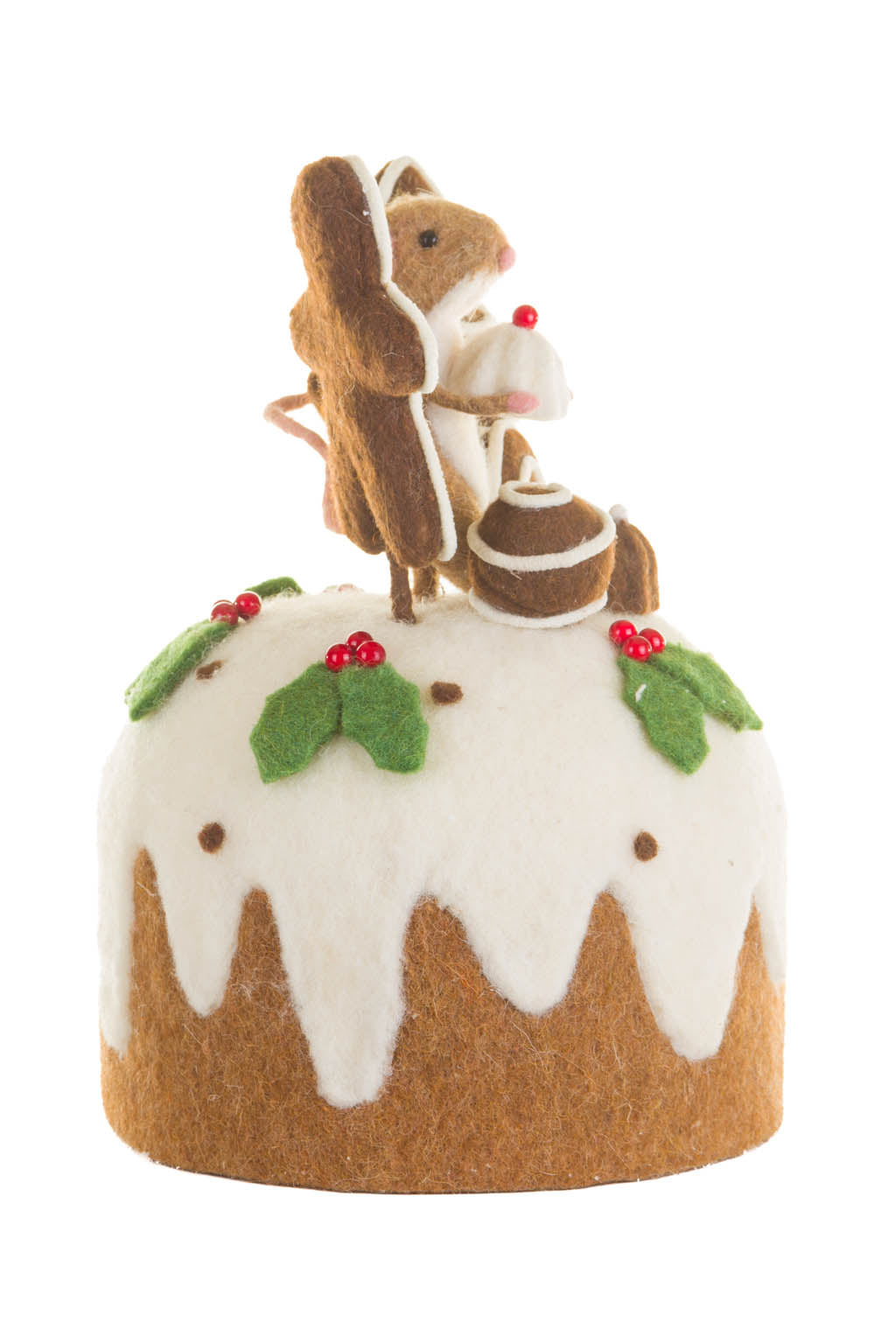 11.75" White and Brown Fleece Mousey Cake Display with Gingerbread Man