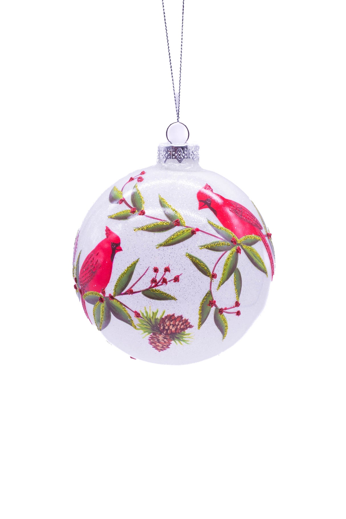 4"Hanging Clear Glass Ball Ornament with Perched Cardinals