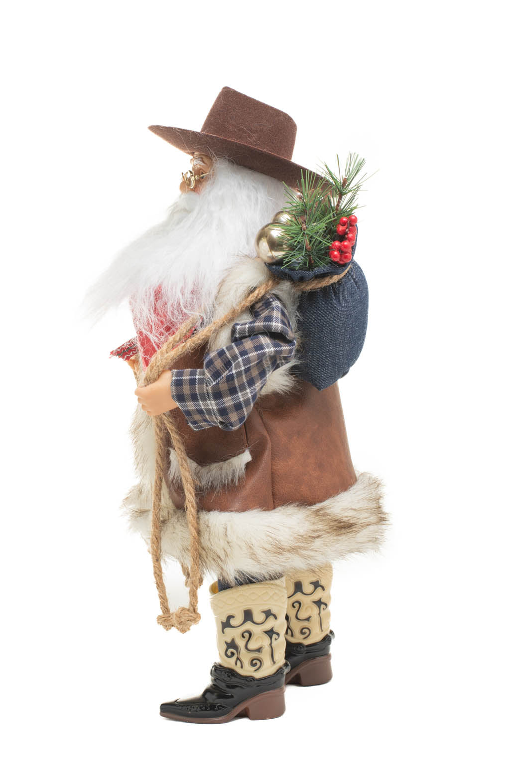 19" Plaid Brown and Blue Leather Wild West Santa Figurine