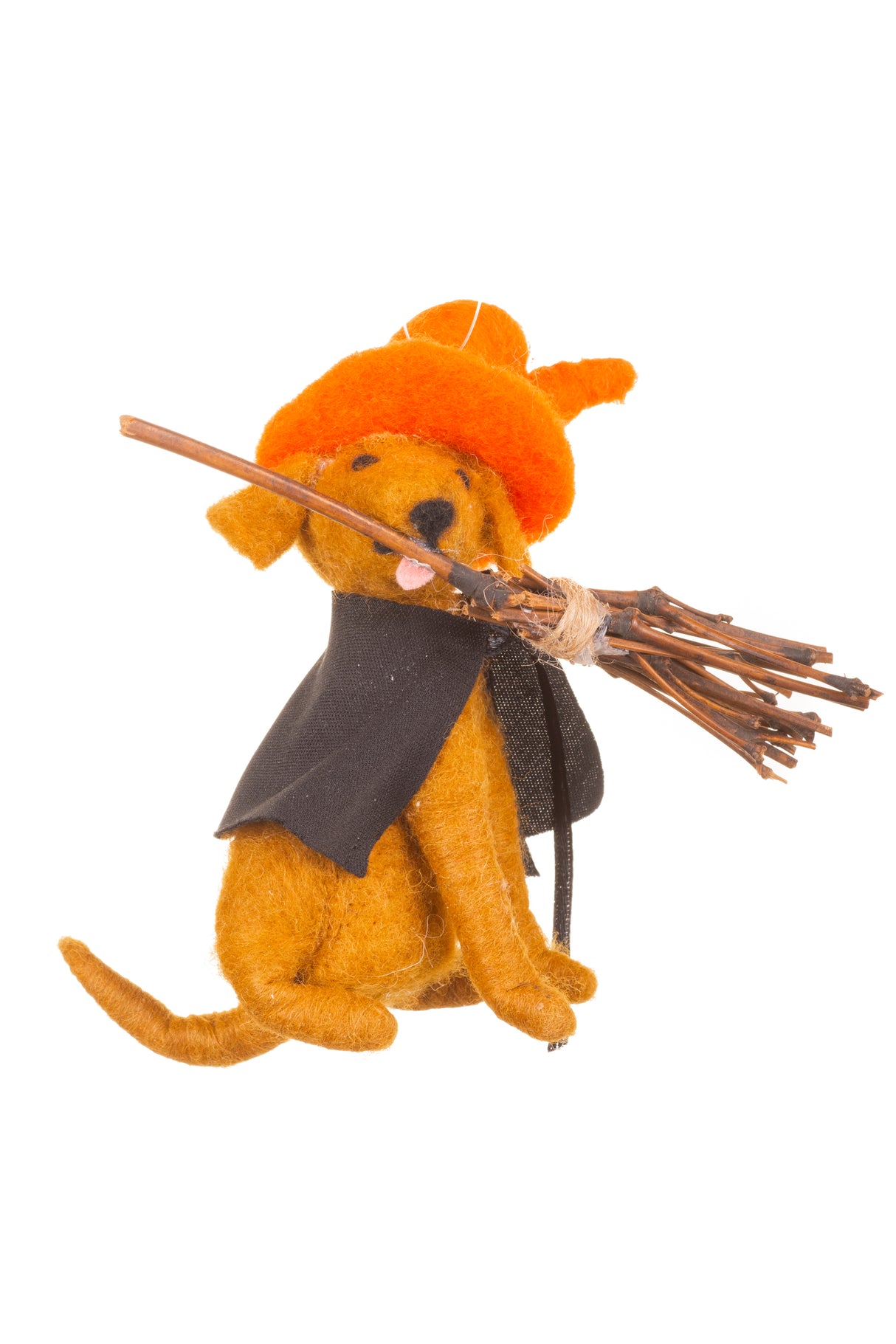 6" Orange Wool Magical Dog Doll with Broomstick