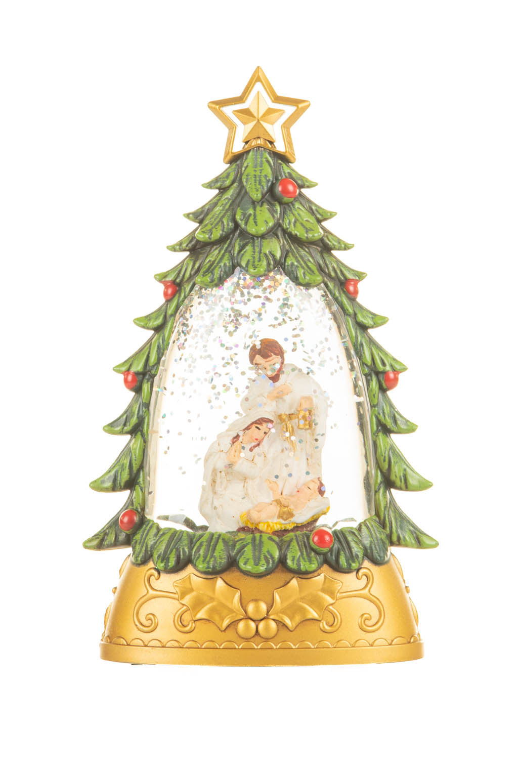 6" Mini Green and Gold Plastic Nativity Warm White LED Snow Globe