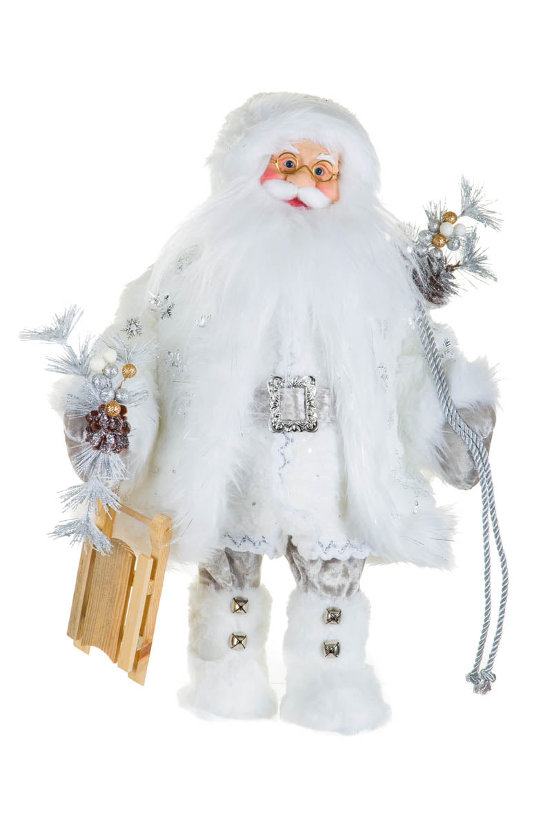 18" White and Silver Fabric Santa Figurine with Sled