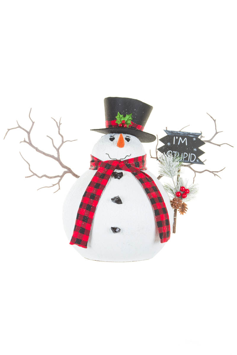25" Sparkly White and Black Foam Snowman Figurine Holding "I'M Stupid" Sign