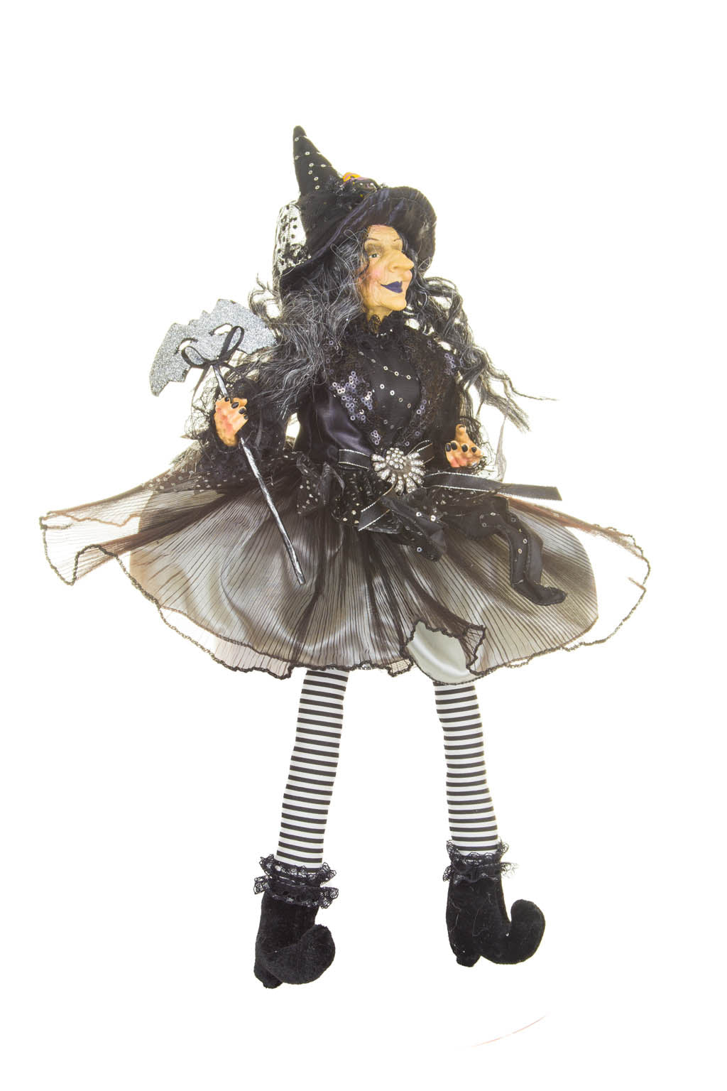 20" Sitting Black and Grayish Silver Cloth Smiling Witch Figure with Masquerade Mask