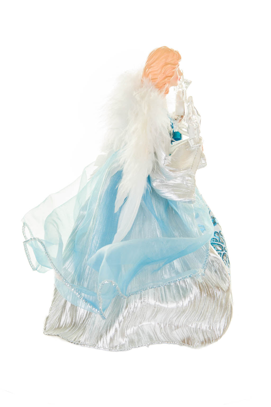 10" Cerulean and Silver Polyester Majestic Warm White LED Angel Tree Topper