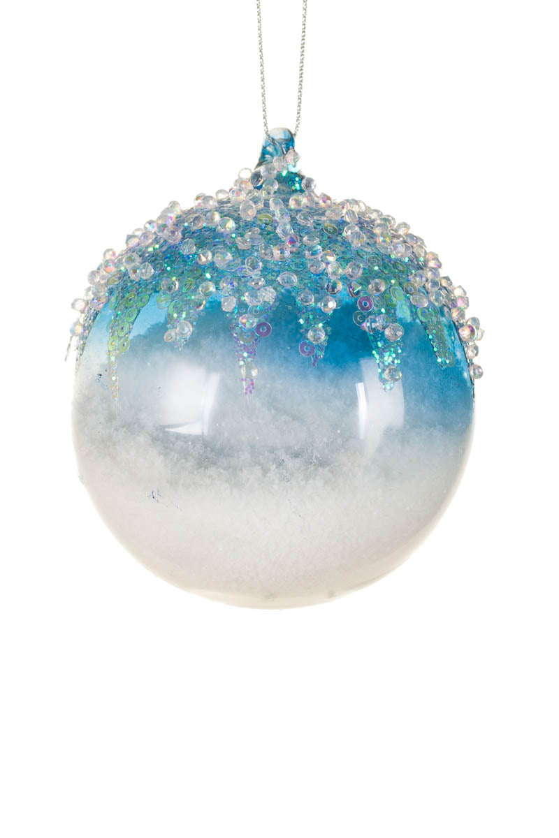 3.5" Hanging White and Blue Glass Snowball Ornament