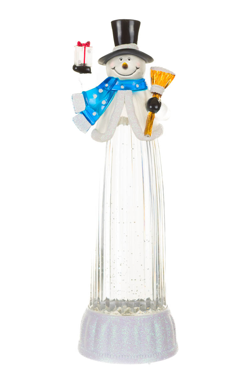 12.25" Musical Clear Plastic Snowman Warm White LED Snow Globe with Top Hat and Swirling Glitter