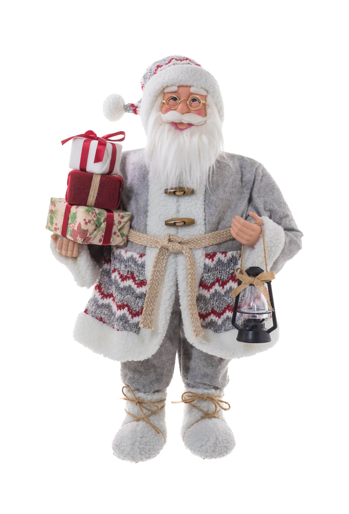 24" Gray and White Cloth Jolly Santa Figurine with Gifts