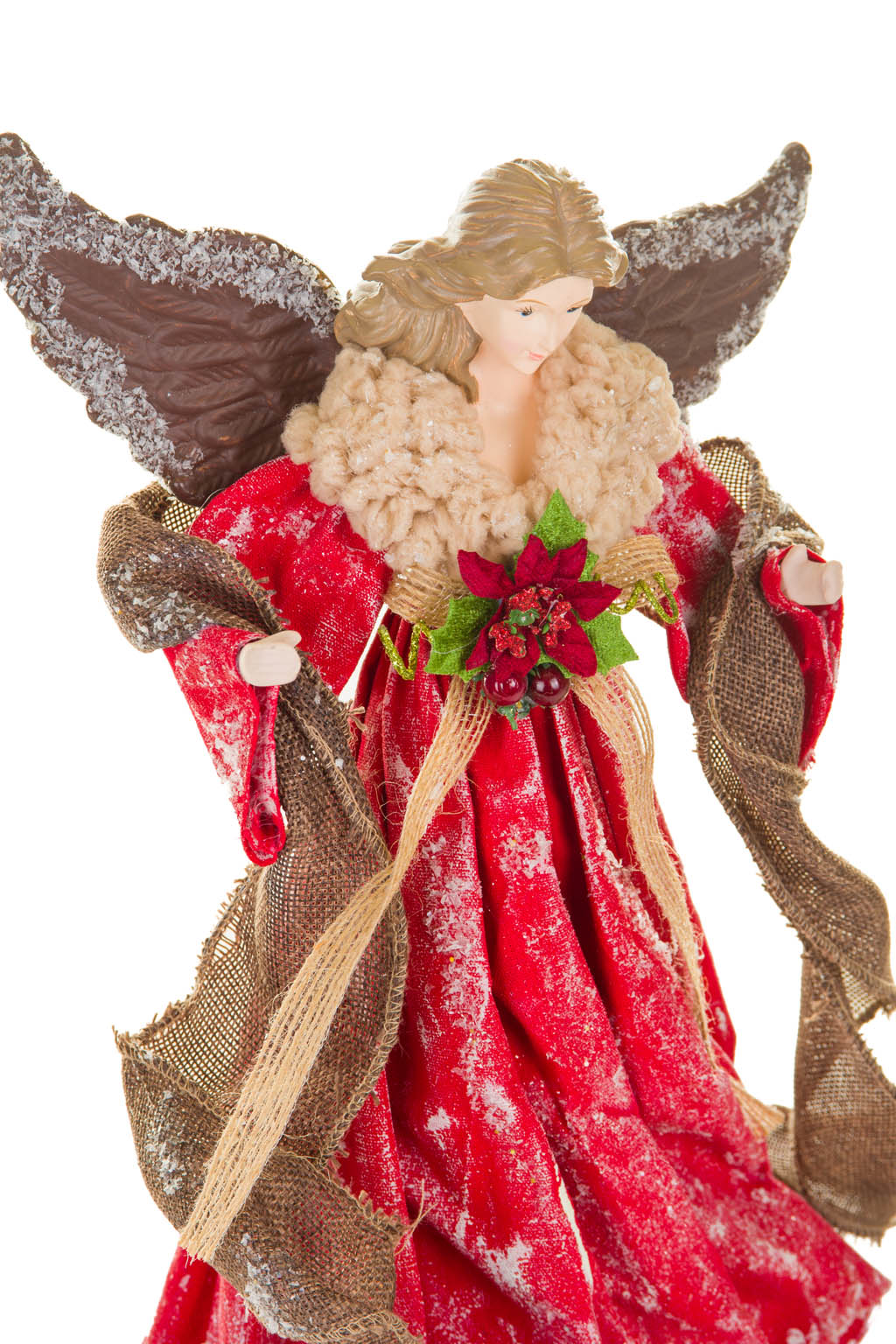 15" Red and Brown Polyester Ornate Warm White LED Angel Tree Topper with Snowflakes