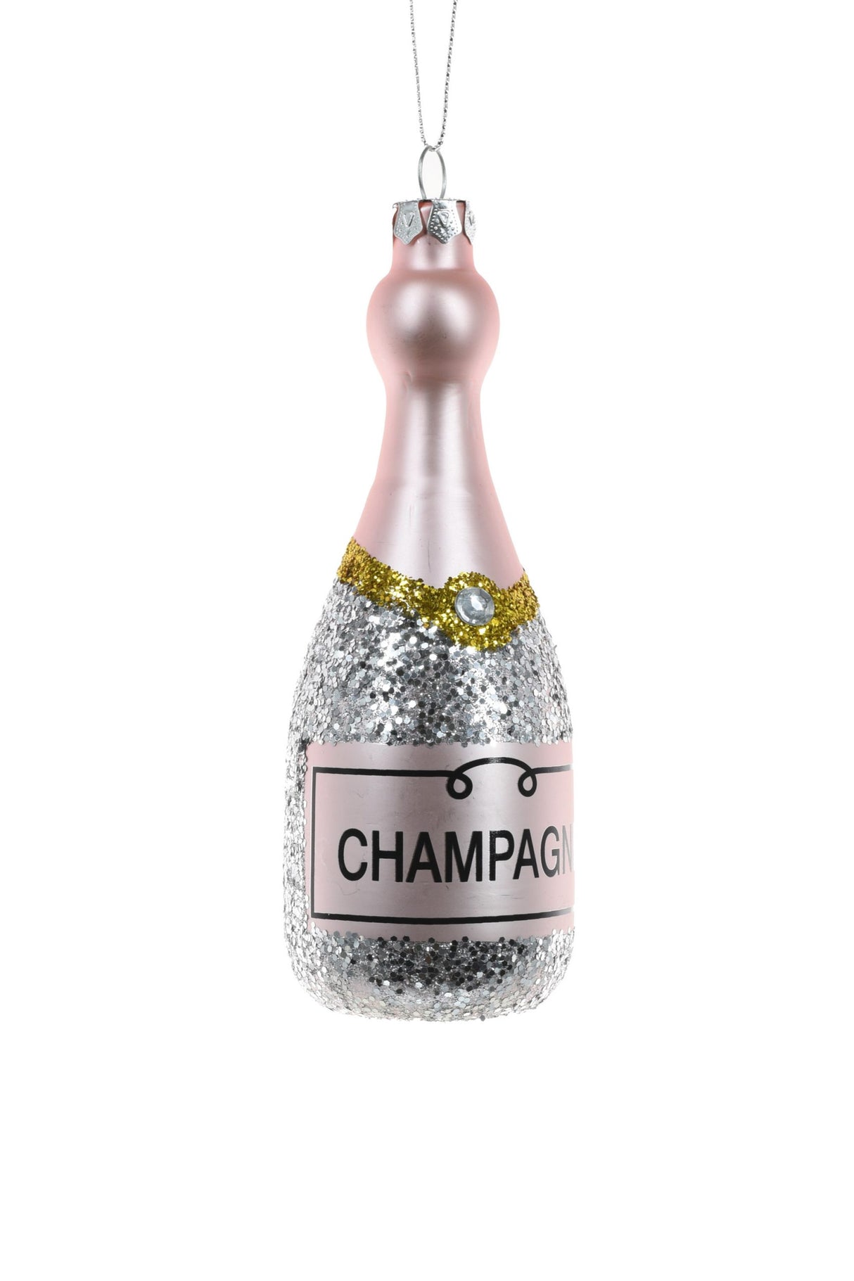 5.5"Hanging Pink and Silver Glass Champagne Bottle Ornament