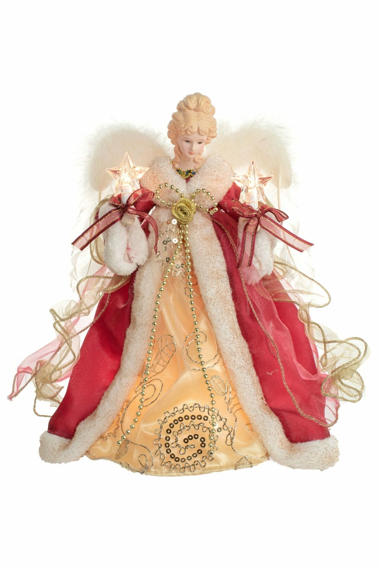 12" Red and Gold Cloth Vintage 10-Light Angel Tree Topper with White Fluffy Wings