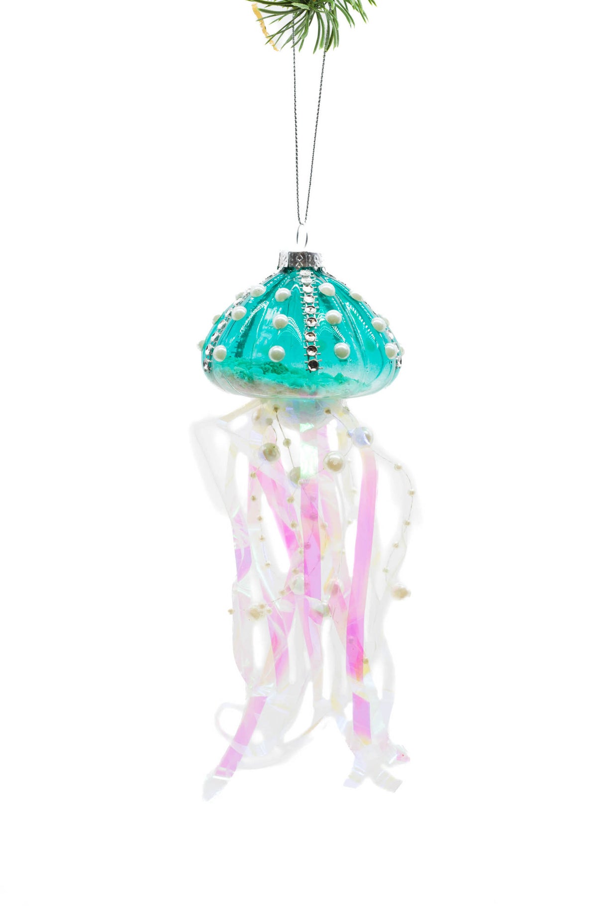 7" Hanging Iridescent Blue Glass Jellyfish Ornament with Sandy Filling