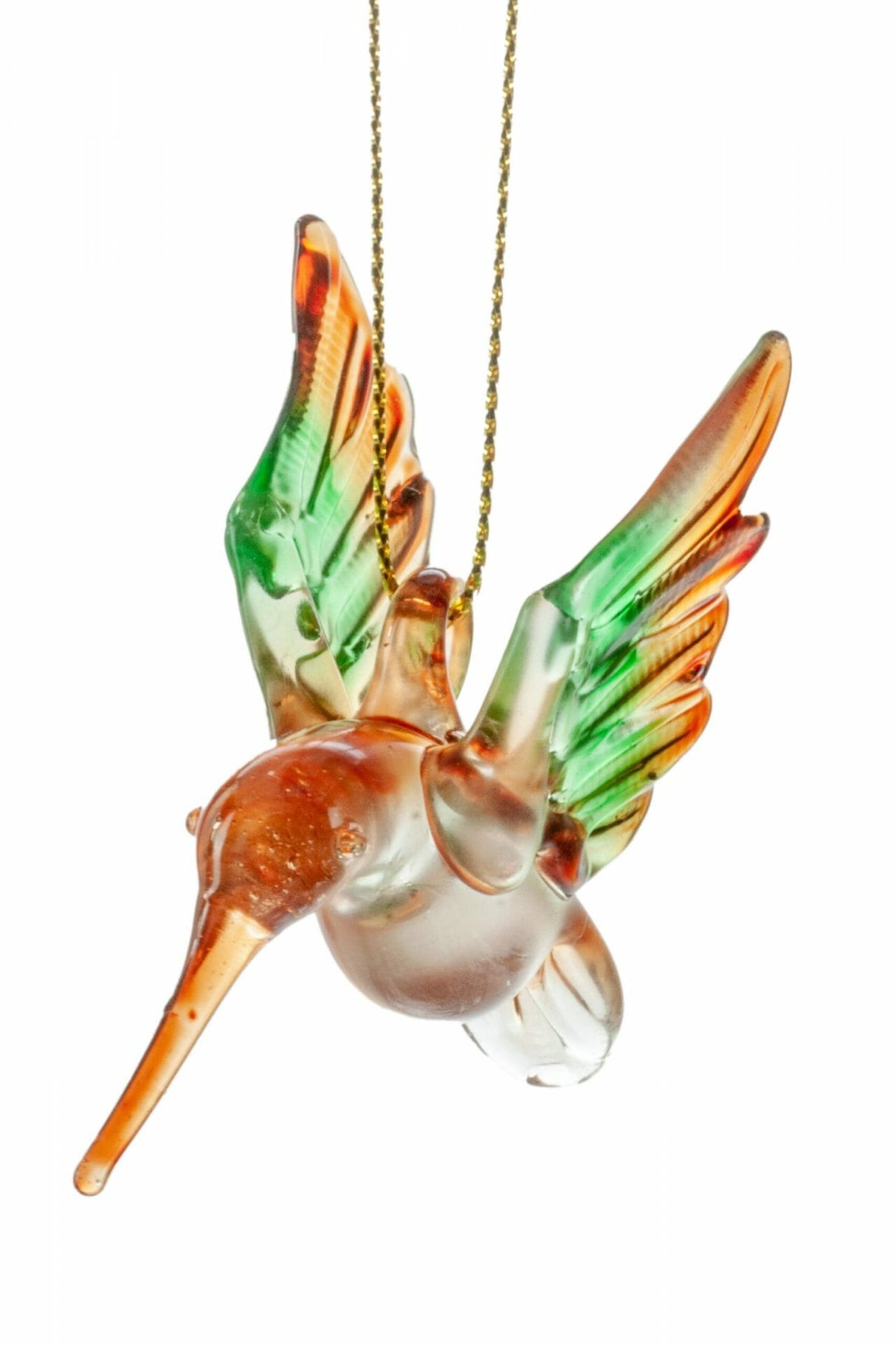 3" Hanging Red Glass Feeding Hummingbird Ornament with Multi-Coloured Wings