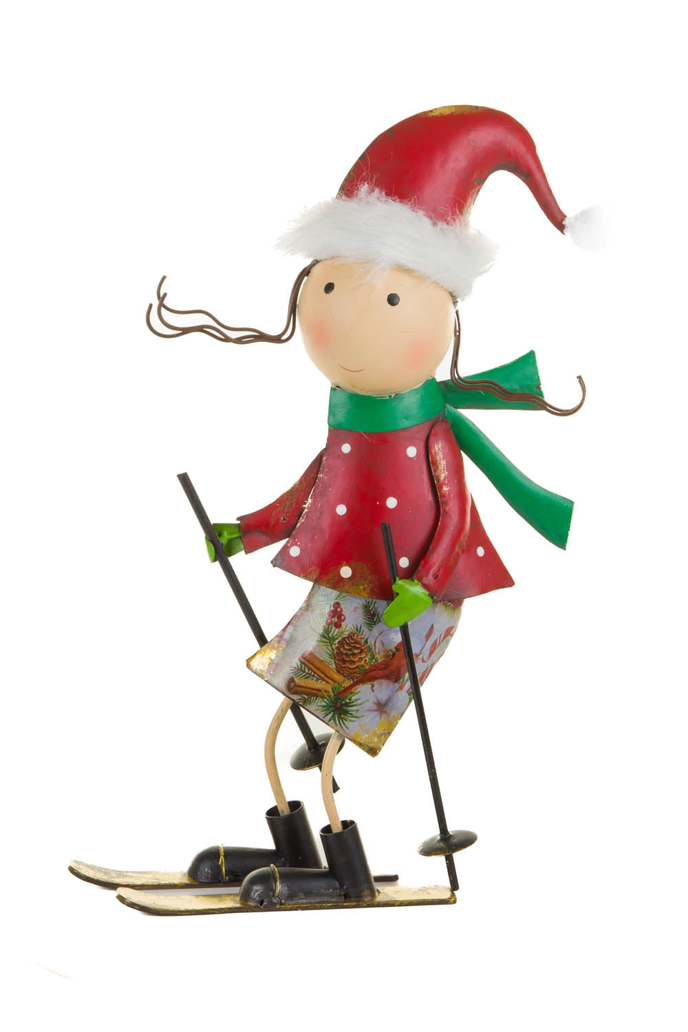 14" Red and Green Metal Skiing Table Piece For Her