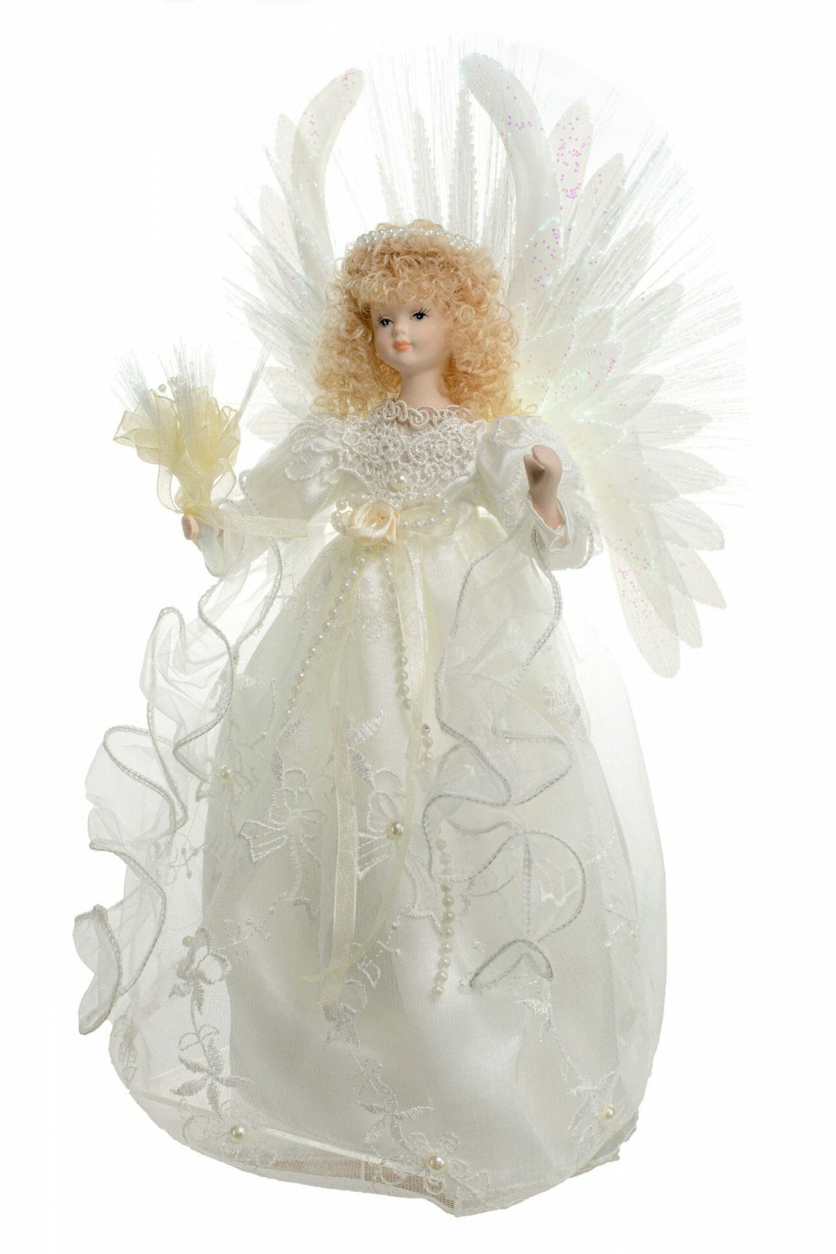 14" Ivory Cloth Modern Fiber Optic Angel Tree Topper with Blonde Curly Hair