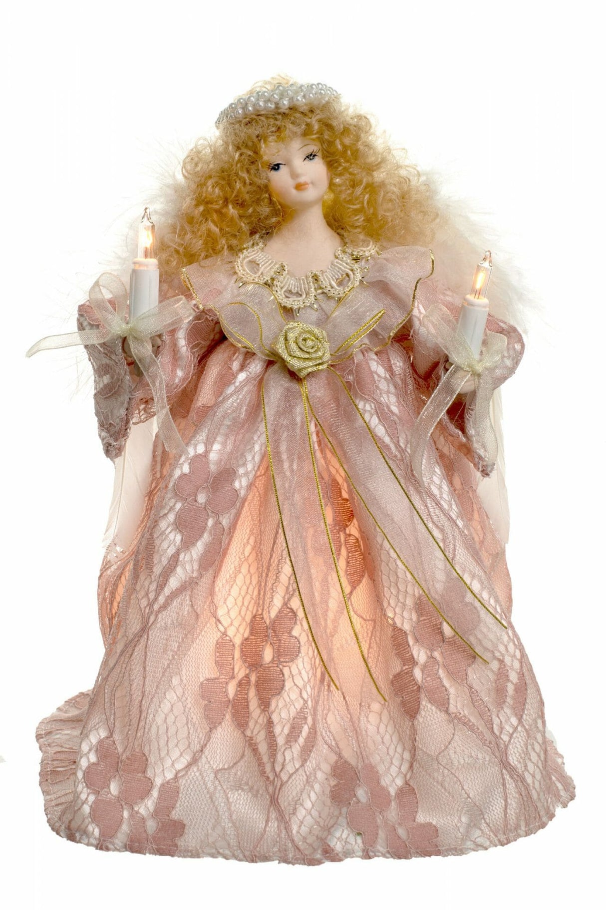 9" Pink Linen Small 10-Light Angel Tree Topper with Blonde Curly Hair