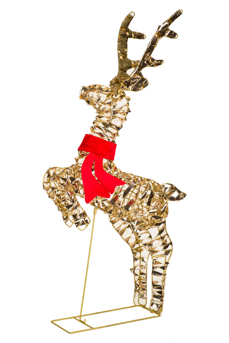 32.5" Small Gold Metal Ribbon Prancing Reindeer Warm White LED Display