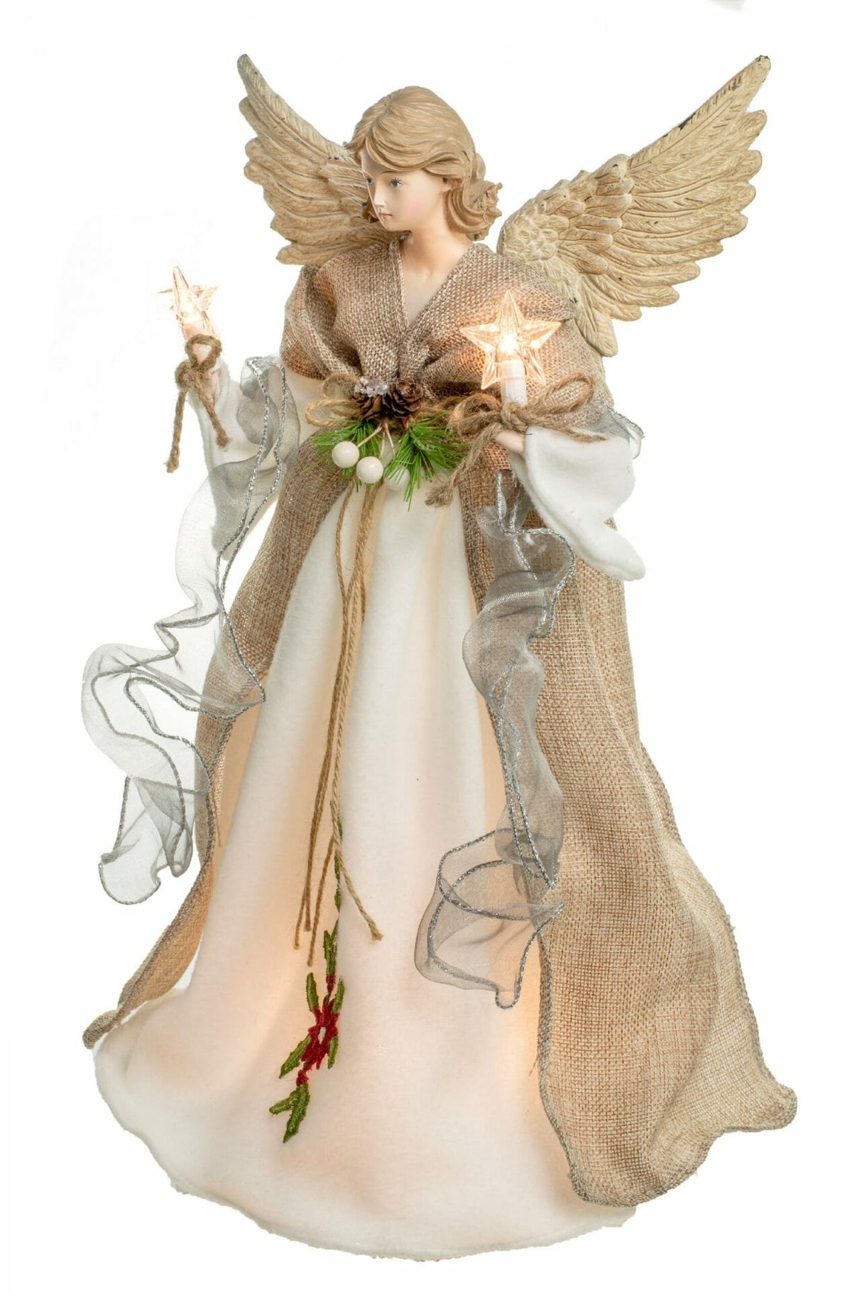 17" Brown and White Rattan Rustic 10-Light Angel Tree Topper
