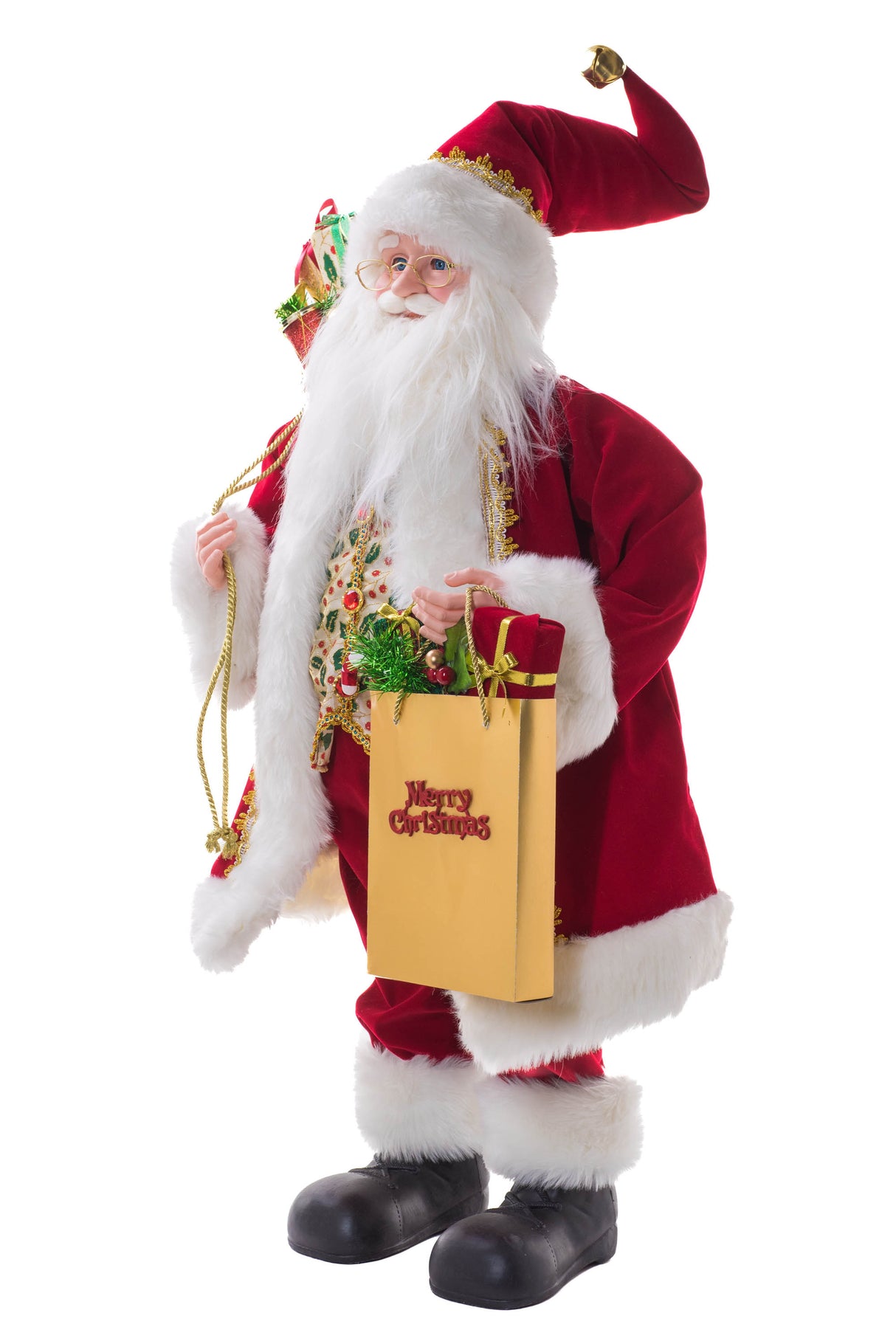 38" Red and White Cloth Shopping Santa Figurine with Gift Bag