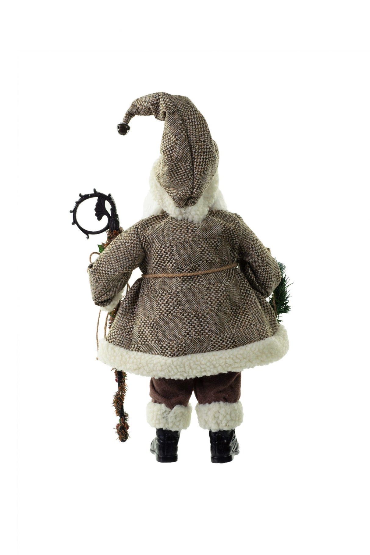18" Brown and White Cloth Rustic Santa Figurine with Staff and Wreath