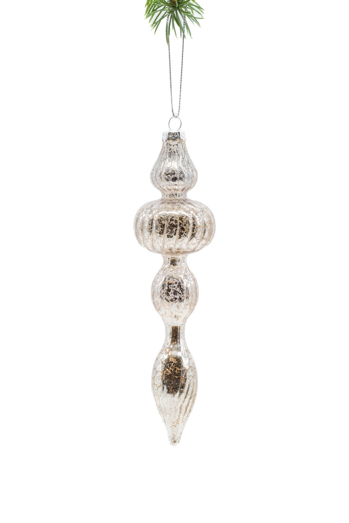 7" Hanging Splotched Platinum Glass Bulbed Finial Ornament
