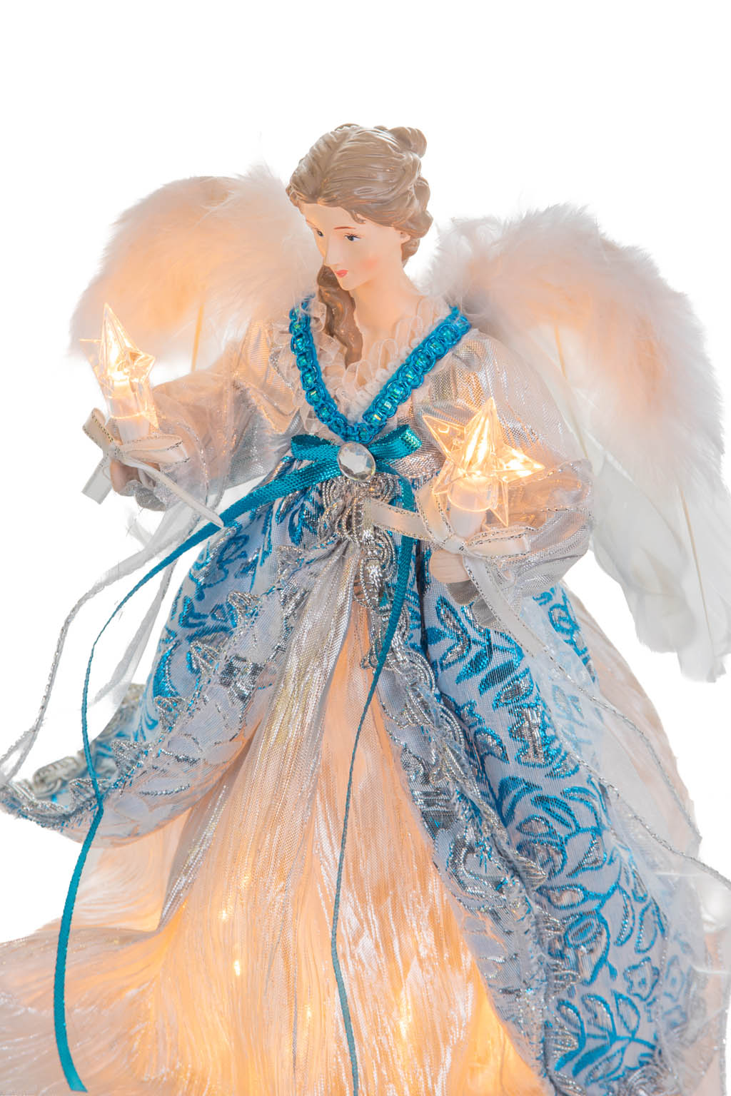 12" Floral Silver and Cerulean Polyester Contemporary Warm White LED Angel Tree Topper