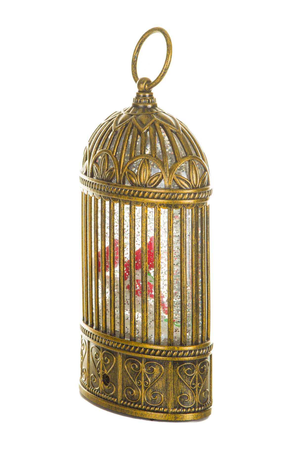 9.25" Gold Plastic Birdcage Warm White LED Snow Globe with Cardinals