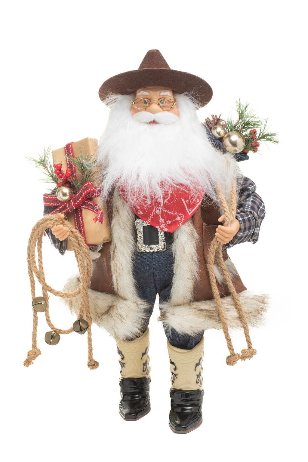 19" Plaid Brown and Blue Leather Wild West Santa Figurine