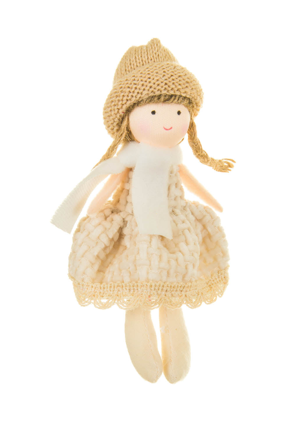 5.5" Hanging Beige and Brown Cloth Pigtail Girl Ornament with Dress