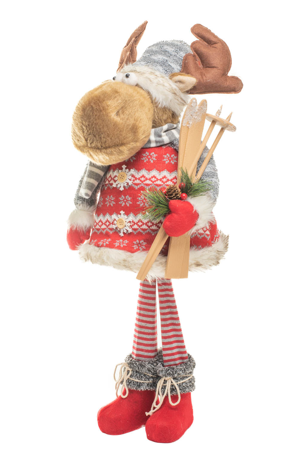 29" Red and Gray Knitted Moose Figurine with Skis