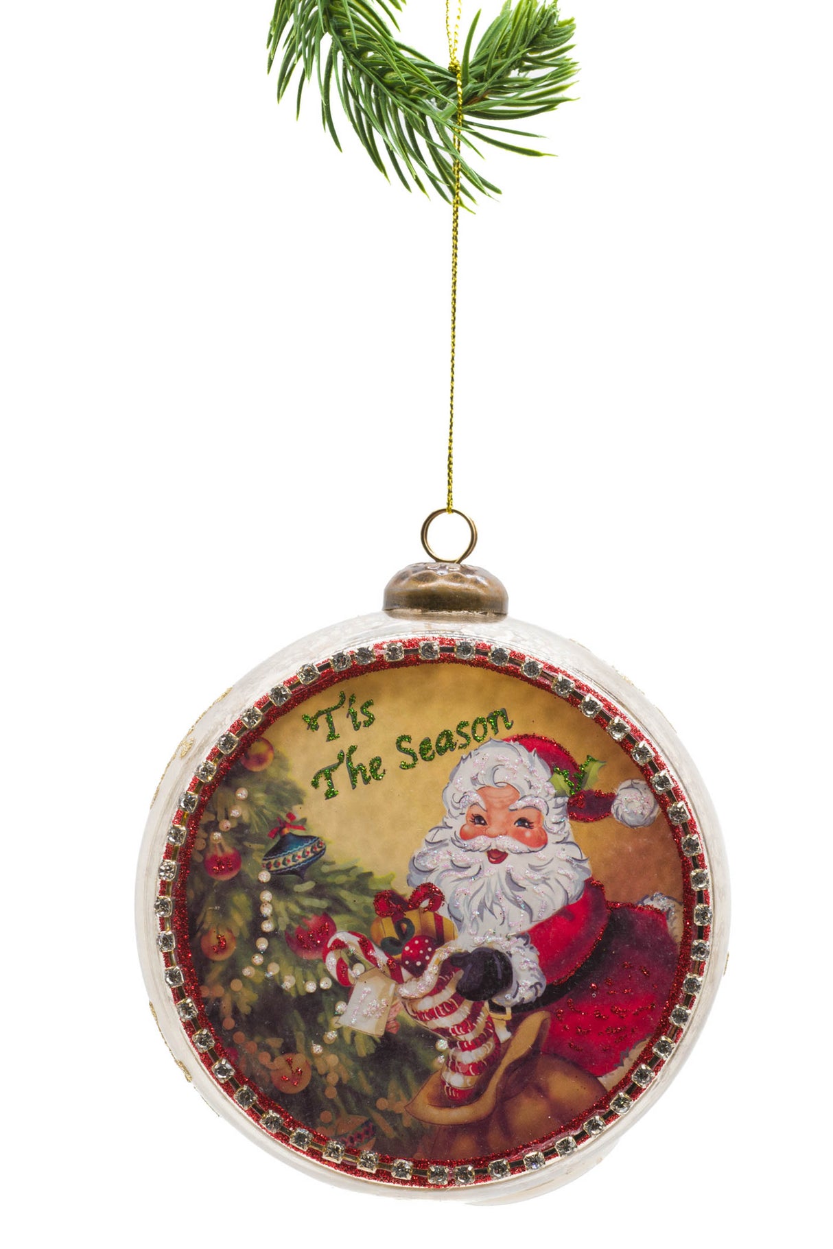 5.63" Hanging Yellow Glass Light-Up LED Ornament with Santa On The Job