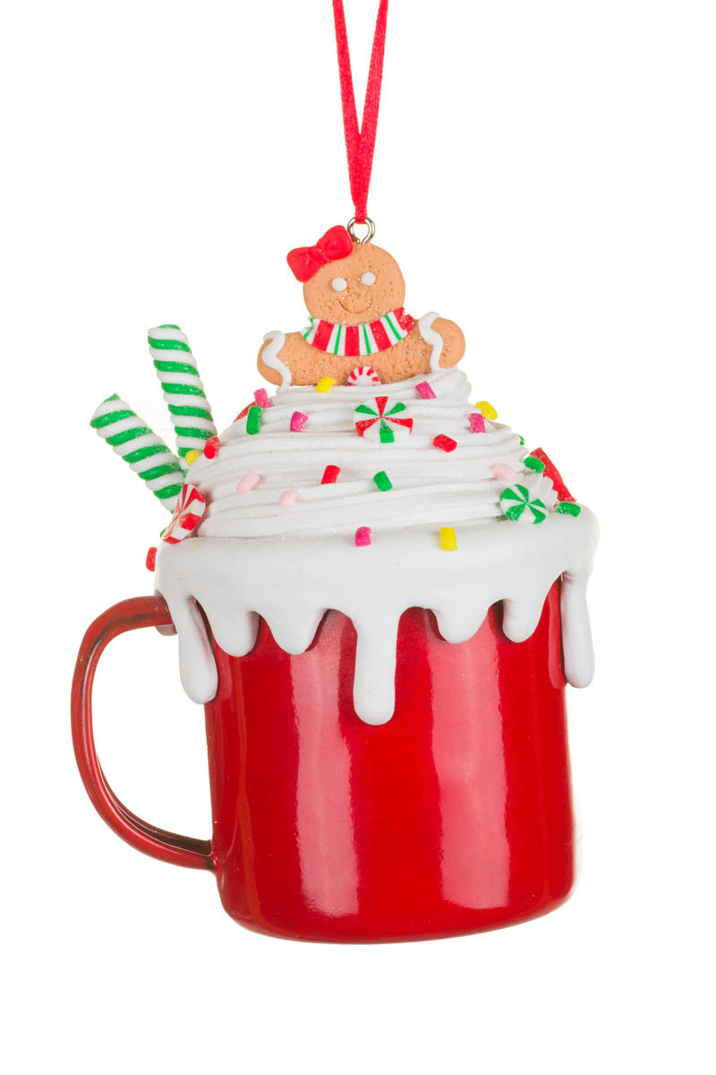 4.25" Red and White Clay Hot Chocolate Ornament with Gingerbread Woman
