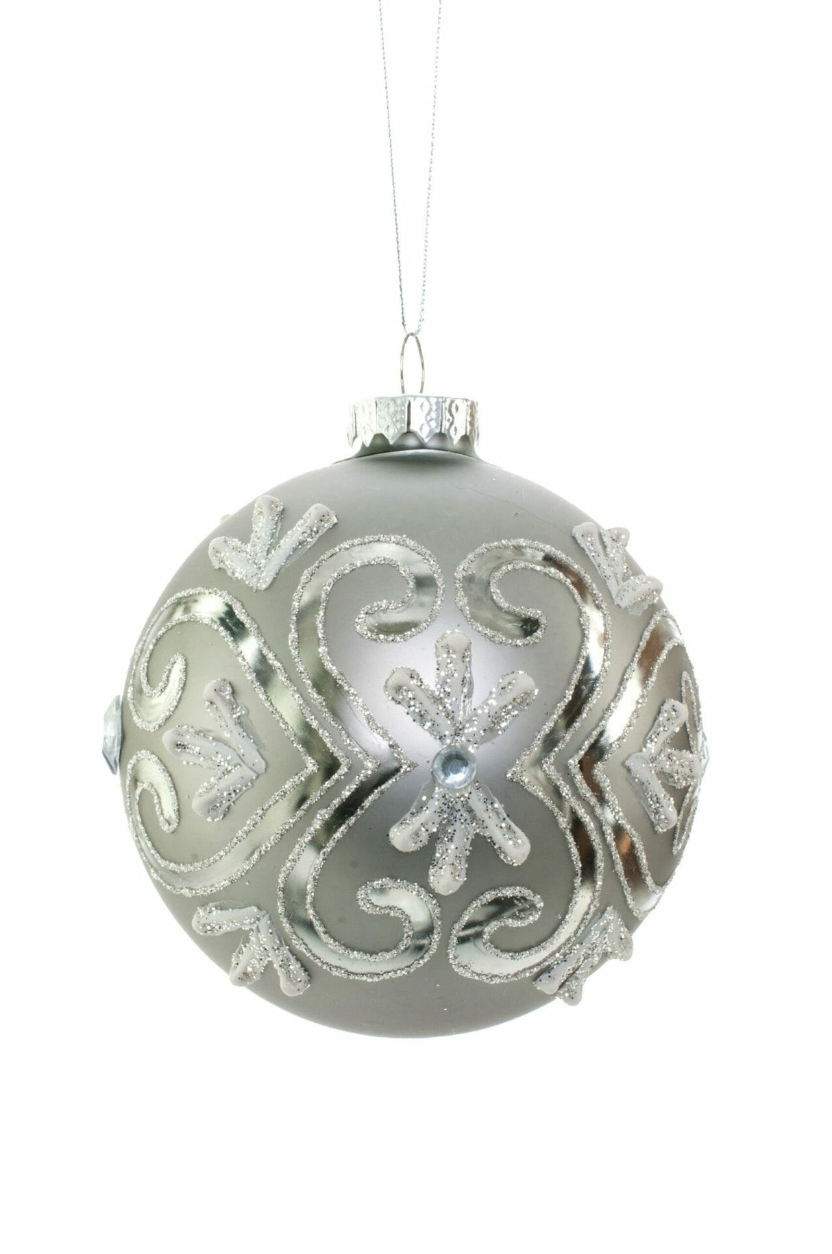 4.5"Round Hanging Gray and Silver Glass Ball Ornament