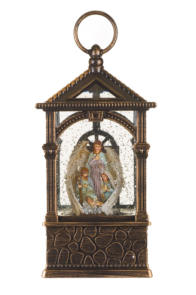 9.25" Musical Bronze Plastic Lantern Warm White LED Snow Globe with Nativity Scene