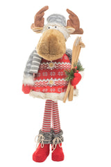 29" Red and Gray Knitted Moose Figurine with Skis